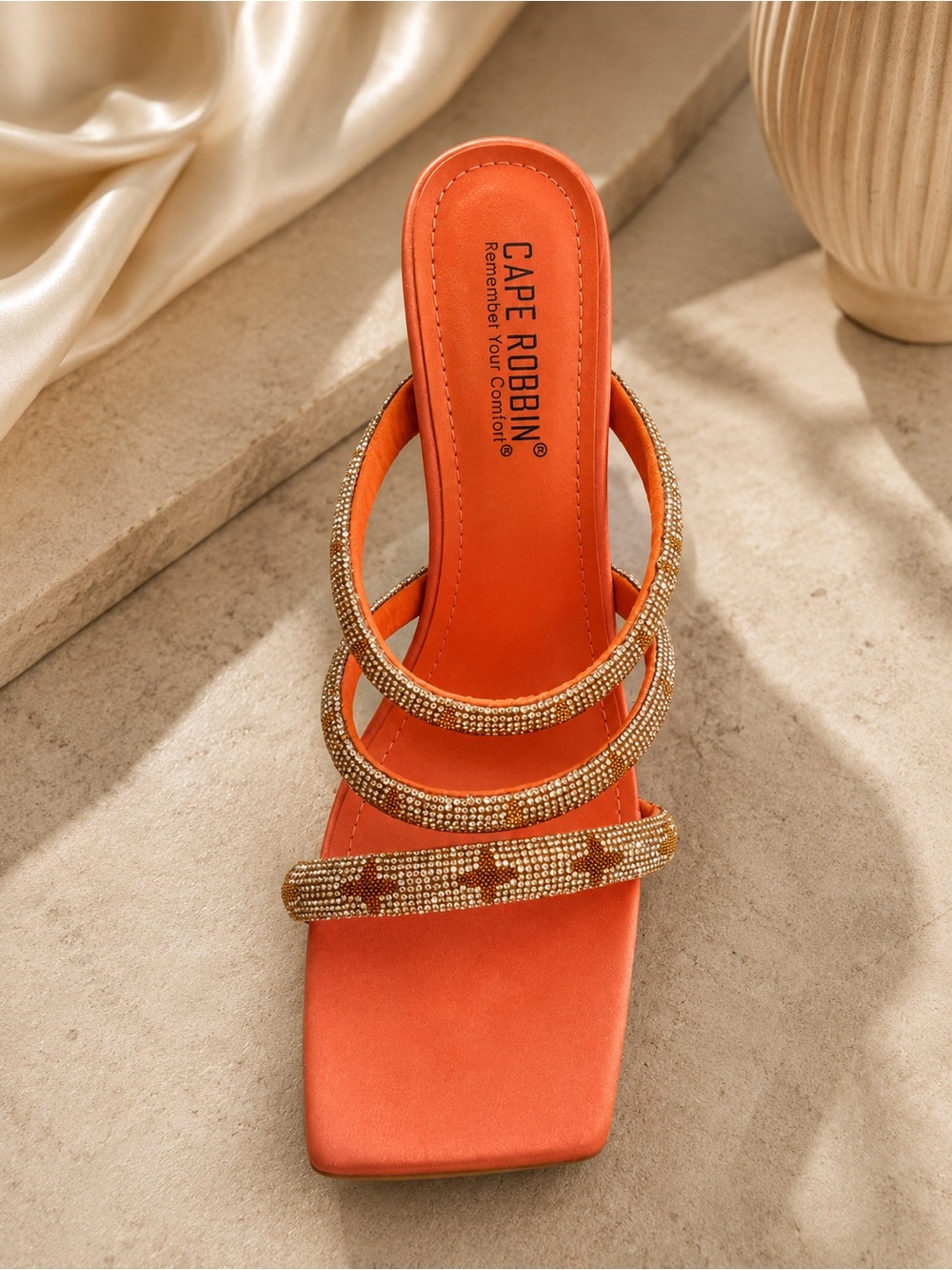 NWOT - Cape Robbin Size 9 Orange Rhinestone Strappy Gold Sculptural Heels